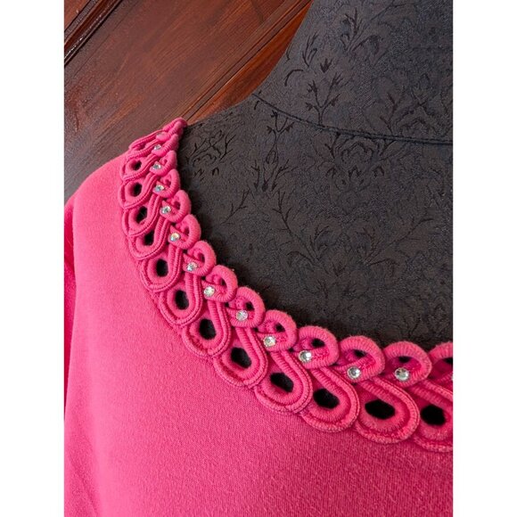 Quacker Factory 1X Pink Cotton Blend Top W/ Embellished Looped Neckline - Picture 2 of 4